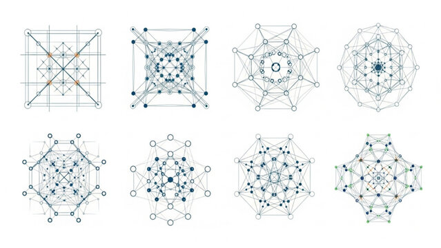 Set of geometric abstract shapes and designs, featuring interconnected circles and lines