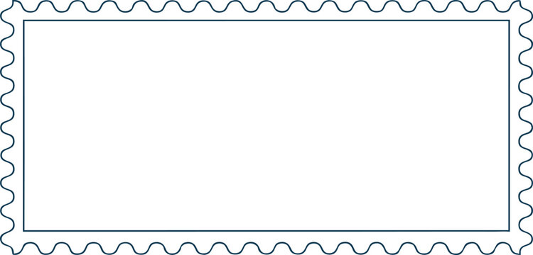 Postage stamp border frame isolated on white background. Wavy perforated edges create classic mail style design. Minimal vector template for envelopes, invitations, and print layouts.