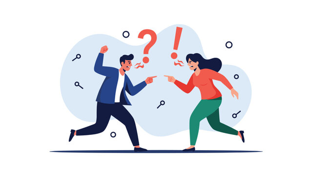 Man and woman engaged in aggressive verbal confrontation with angry facial expressions and pointing fingers on abstract background.