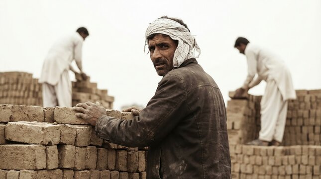 Brickyard workers stacking handmade clay bricks in traditional factory