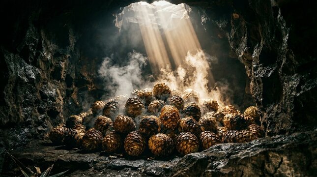 Pile of roasted blue agave hearts steaming inside a traditional dark stone pit oven with dramatic sunlight rays, Symbolizing artisanal tequila production and illustrating Mexican heritage
