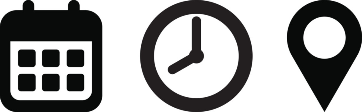 Calendar Clock and Location Pin Icons Vector Set for Events and Business