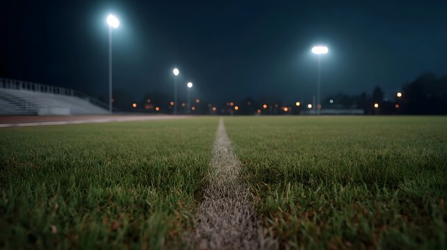 A wide low angle view down a brightly illuminated sports field at night emphasizing the empty athletic expanse and dramatic stadium lighting