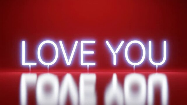Glowing neon love you sign on a reflective red surface for valentines day and romantic celebrations.