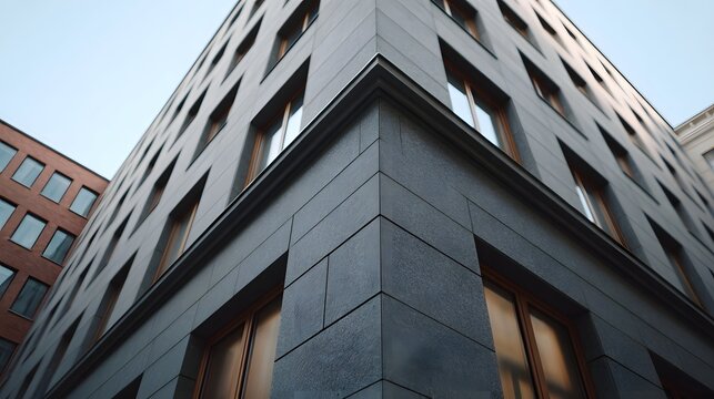 A low angle perspective capturing the sharp geometric facade of a contemporary urban commercial building under soft daylight