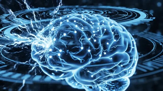 Glowing blue brain with digital circuits.