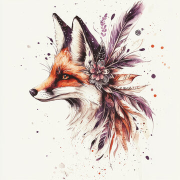 Artistic watercolor fox profile with vibrant purple and brown feathers, a floral accent, and decorative paint splatters