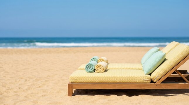 Twin sun loungers with rolled towels facing ocean waves