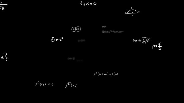 Math equation loop effect. Moving banner with handwritten calculation moving forward on dark background with alpha channel for overlay effect. Graphic animated footage