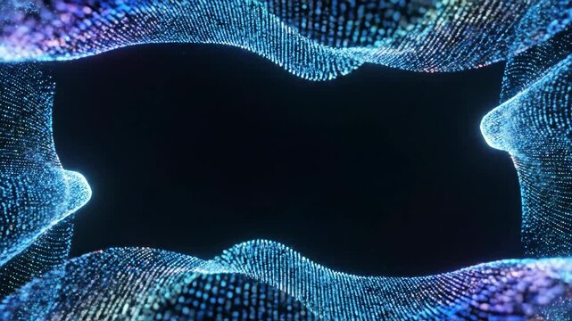 Abstract digital particle waves flow and undulate, creating a modern, high-tech frame in vibrant blue and purple hues against a deep black background.