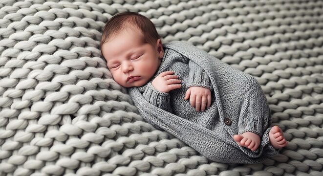 Newborn baby sleeping on blanket.