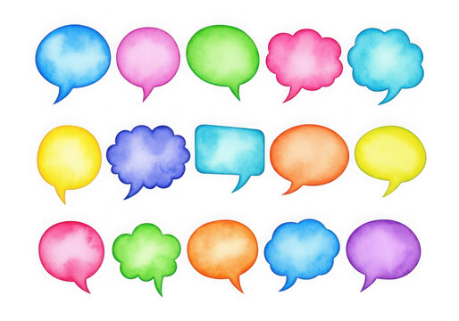 A collection of colorful speech bubbles in various shapes and sizes