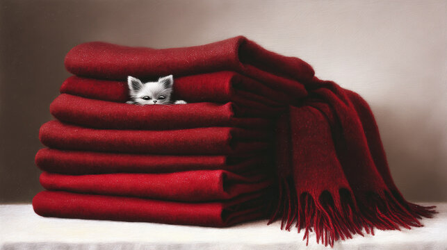 White cat hiding in a stack of red blankets
