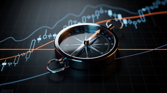 A metallic compass placed on a digital stock market chart, symbolizing guidance and direction in financial investments.