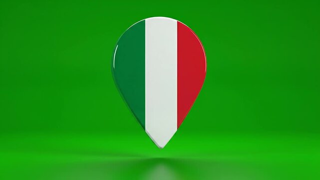 A vibrant 3D location pin icon with the Italian country flag on a green screen background, perfect for map pin GPS icon