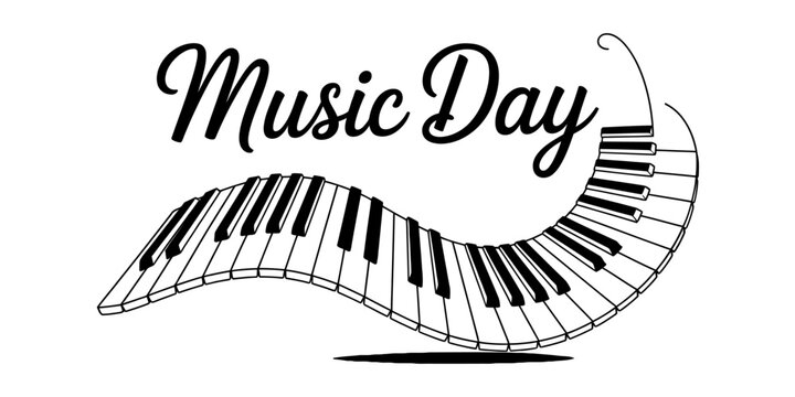 A creative illustration featuring the words music day with a stylized flowing piano keyboard. Vector, illustration