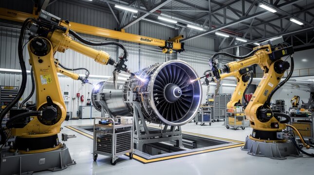 Two yellow robotic arms weld and assemble a large jet engine component inside a modern industrial manufacturing facility.