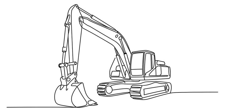 A single continuous line drawing of a heavy construction excavator on a plain white background Vector, illustration