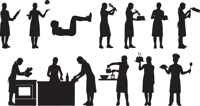 set of silhouettes people cooking food and baking desserts
