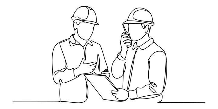 Continuous line drawing of two construction workers collaborating on a project at the site work Vector, illustration