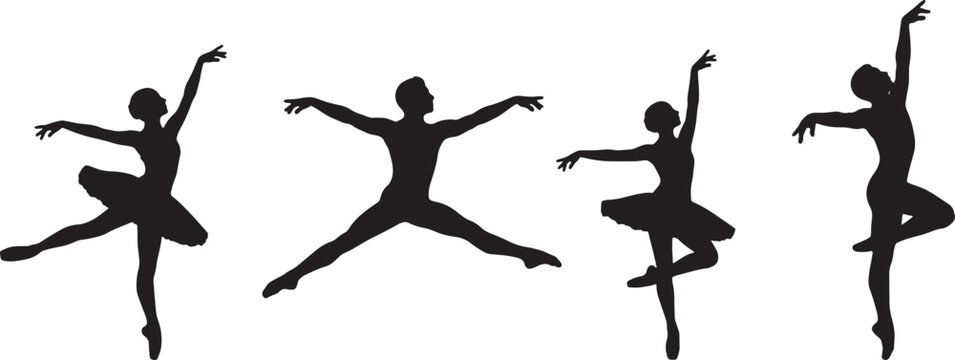 Silhouettes of ballet dancers in various poses on transparent background
