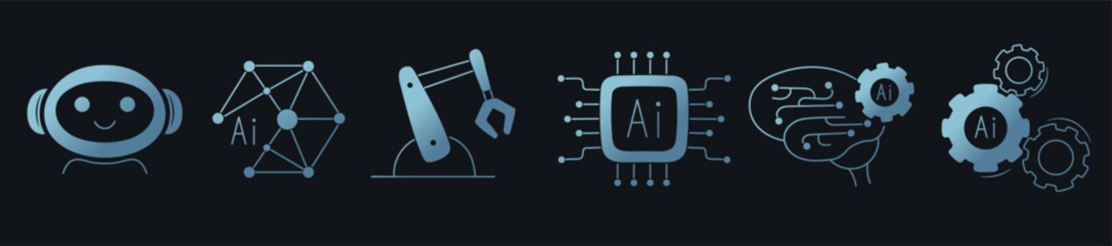 AI Automation Tools. Artificial Intelligence Icons Set. AI Technology Automation and Robotics Symbols. Gradient icon set.