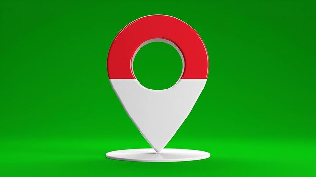 Vibrant 3D location pin icon green screen displaying a indonesia flag design, perfect for map pin gps icon