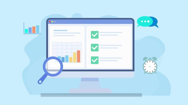 Animated analytics dashboard with charts, checklist, chat bubble and activity icons, representing communication, performance tracking, and workflow monitoring in a modern interface.