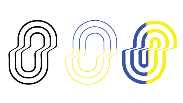 Abstract geometric logo design with three parallel wavy lines in black, blue and yellow