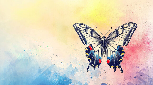 Detailed butterfly illustration with blue and red wing accents, against a vibrant yellow, pink, and blue watercolor splash background