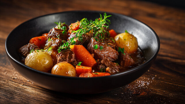 A hearty bowl of beef stew on a wooden table