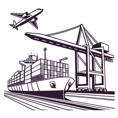 Obraz premium Vector illustration of cargo ship with containers at port and airplane flying overhead in purple silhouette