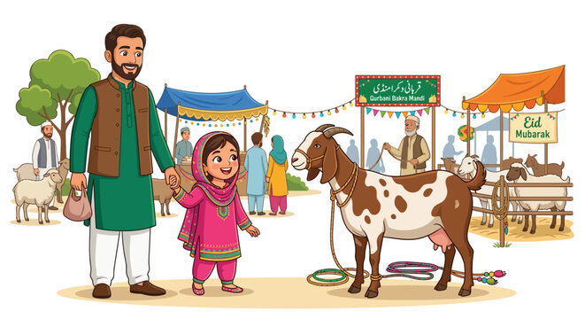 Eid al-Adha celebration at livestock market, Muslim father and daughter with sacrificial goat, Bakra Mandi festive scene vector illustration
