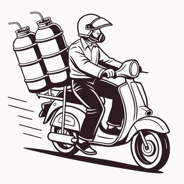 Delivery person riding scooter with gas cylinders on back for food or package transport