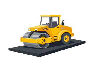 Naklejka premium Flat road roller compacting asphalt, minimal roadwork machine on white background 