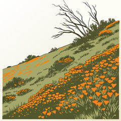 Naklejka premium Vibrant orange poppies and green grass on a hillside with a bare tree, california poppy field scene