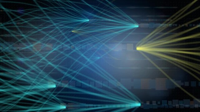Complex data processing. Moving banner with intricate network of glowing lines and particles as symbol of interconnected systems. Realistic graphic animated footage