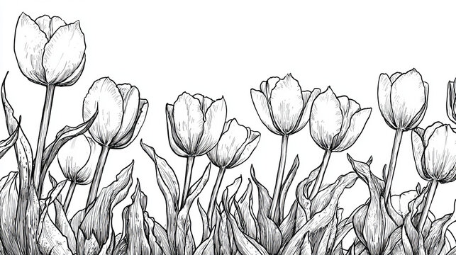 Detailed monochrome line drawing of blooming tulips with leaves, arranged in a continuous botanical border Hand-drawn floral garden sketch