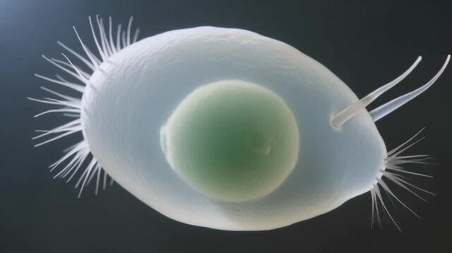 Microscopic Paramecium Protozoa Ciliate Cell with Nucleus, Motion, Microorganism