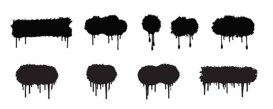 Black grunge dripping paint set. Ink splash blobs and graffiti drip shapes.