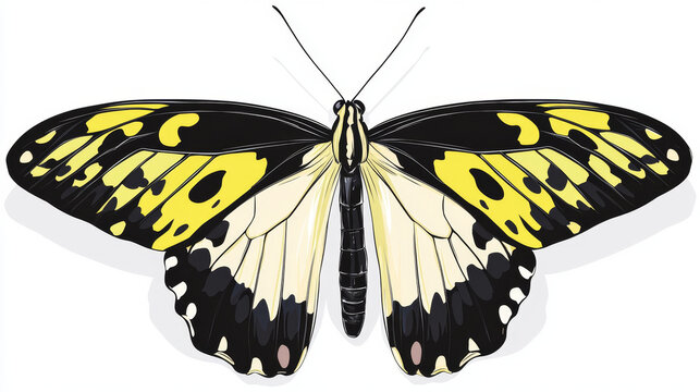 Detailed vector art of a black and yellow butterfly with open wings, highlighting its intricate patterns and segmented body