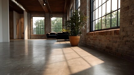 Fototapeta premium A spacious modern industrial loft featuring large and abundant natural light illuminating the concrete floor