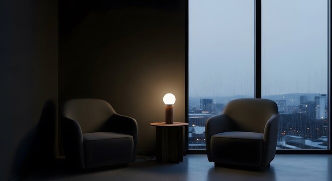 Cozy Armchairs by Window with City View Lamp Side Table