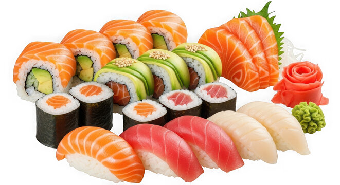 Delicious fresh sushi and sashimi platter isolated on transparent background