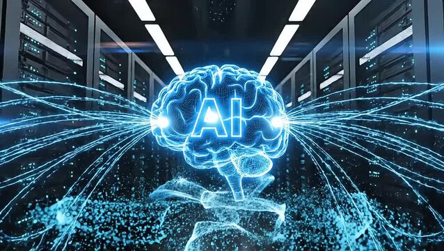 Artificial Intelligence Brain Generating Futuristic Data Streams in a Server Room