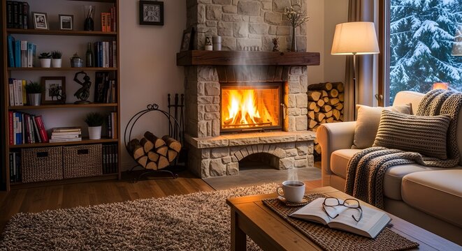 Cozy Living Room with Burning Fireplace and Snow View