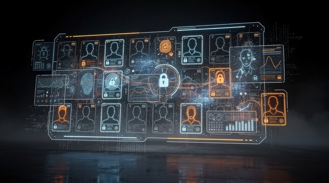 A digital interface displays multiple user profiles and data, highlighting cybersecurity and identity protection with icons like locks and biometric scans.
