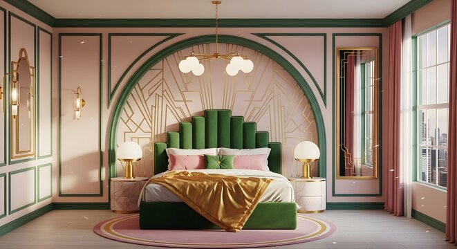 Luxury Art Deco Bedroom with Green Headboard and Pink Accents
