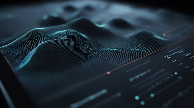 A futuristic 3D digital terrain model displayed on a dark screen with glowing blue lines and interactive data controls, abstract daily work overlay