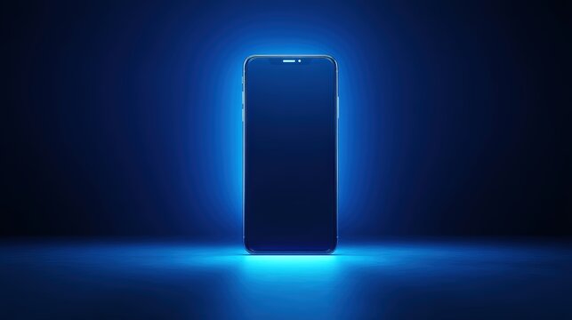 A smartphone illuminated by a blue glow stands upright against a dark background, highlighting its sleek design and modern technology, abstract daily work overlay
